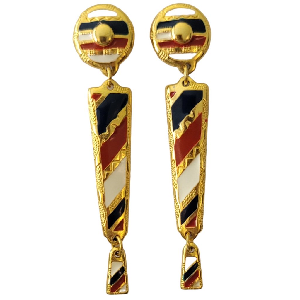 Berebi Gold Tone Enamel Round Disc Long Dangle Post Earrings Signed E8 65$